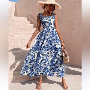 Floral Print Blue White Maxi Dress S Tie Shoulder Cami Flower Spring Romantic